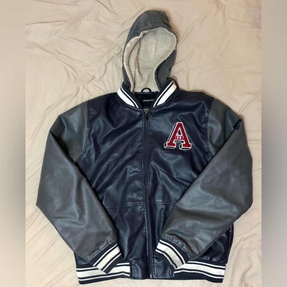 Aeropostale Leather Aviator Jacket Size Large Men Hooded Sherpa Blue Gray
